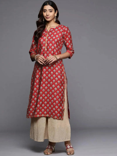 Red Printed Silk Straight Kurta - Libas