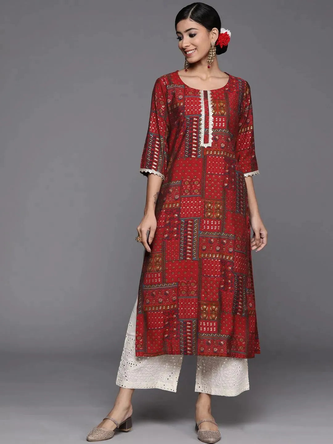 Red Printed Silk Straight Kurta - Libas