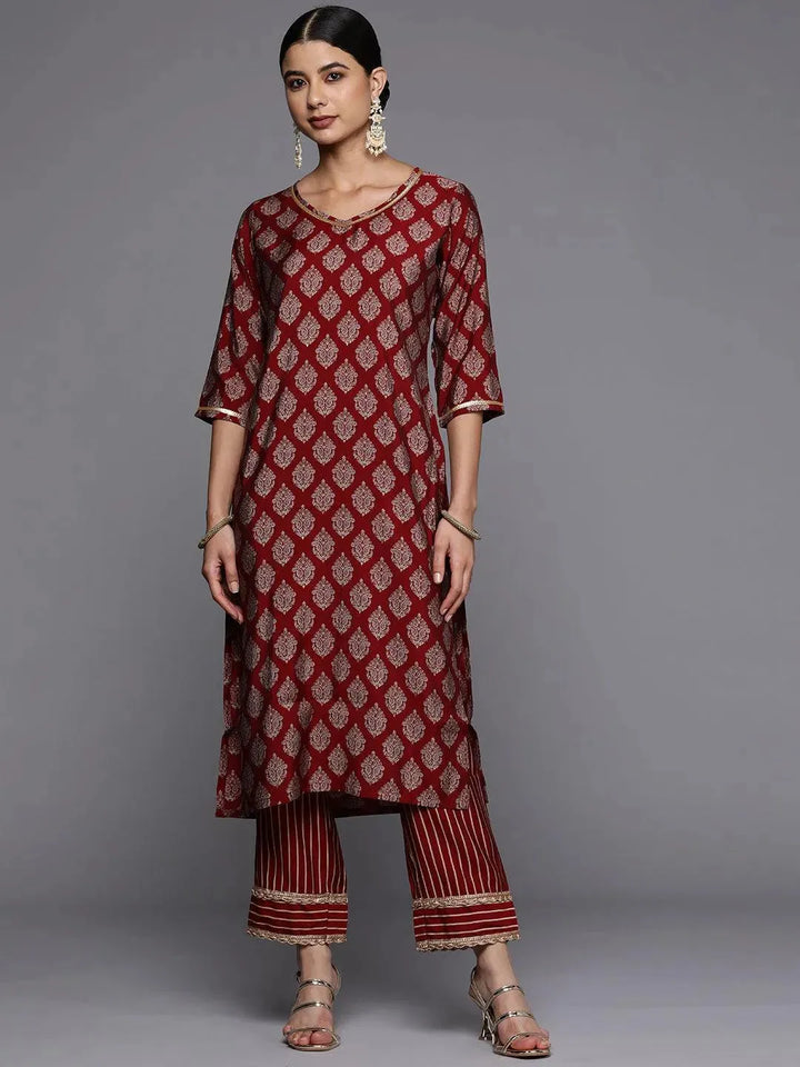 Red Printed Silk Straight Kurta - Libas