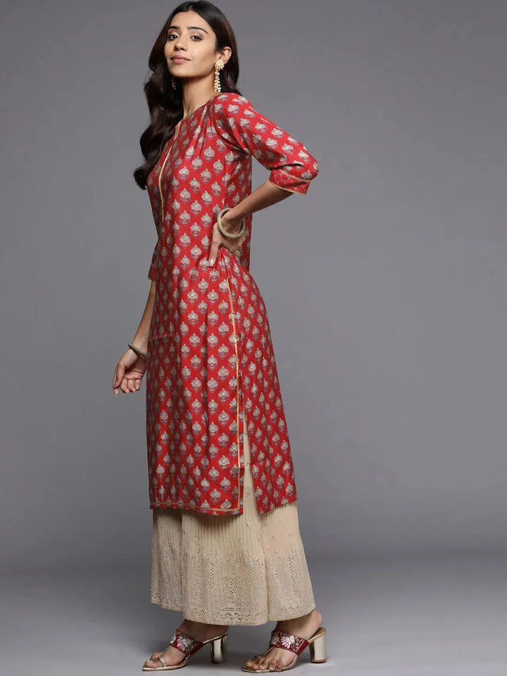 Red Printed Silk Straight Kurta - Libas