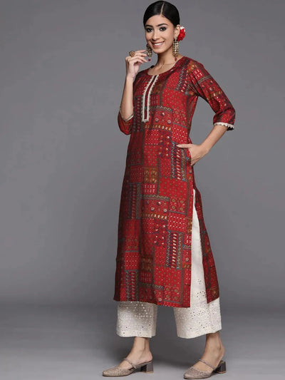 Red Printed Silk Straight Kurta - Libas