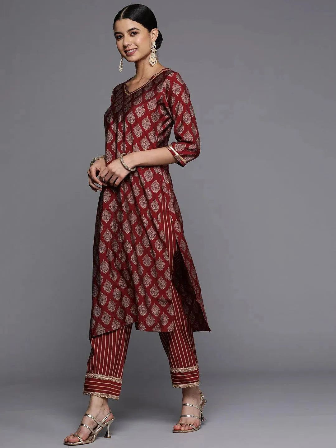 Red Printed Silk Straight Kurta - Libas