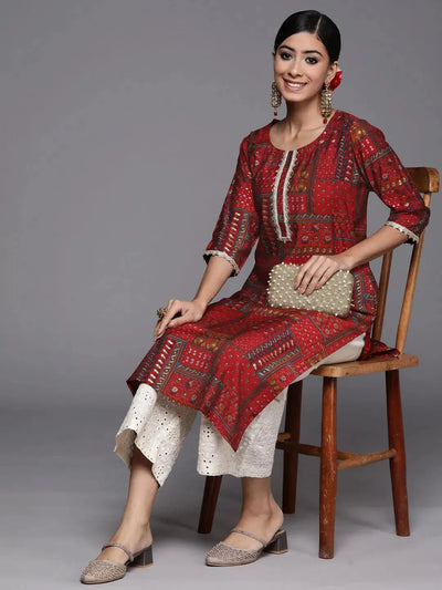 Red Printed Silk Straight Kurta - Libas