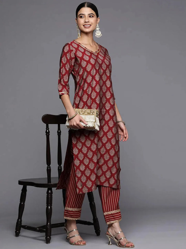 Red Printed Silk Straight Kurta - Libas