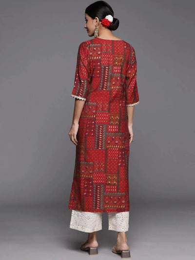 Red Printed Silk Straight Kurta - Libas