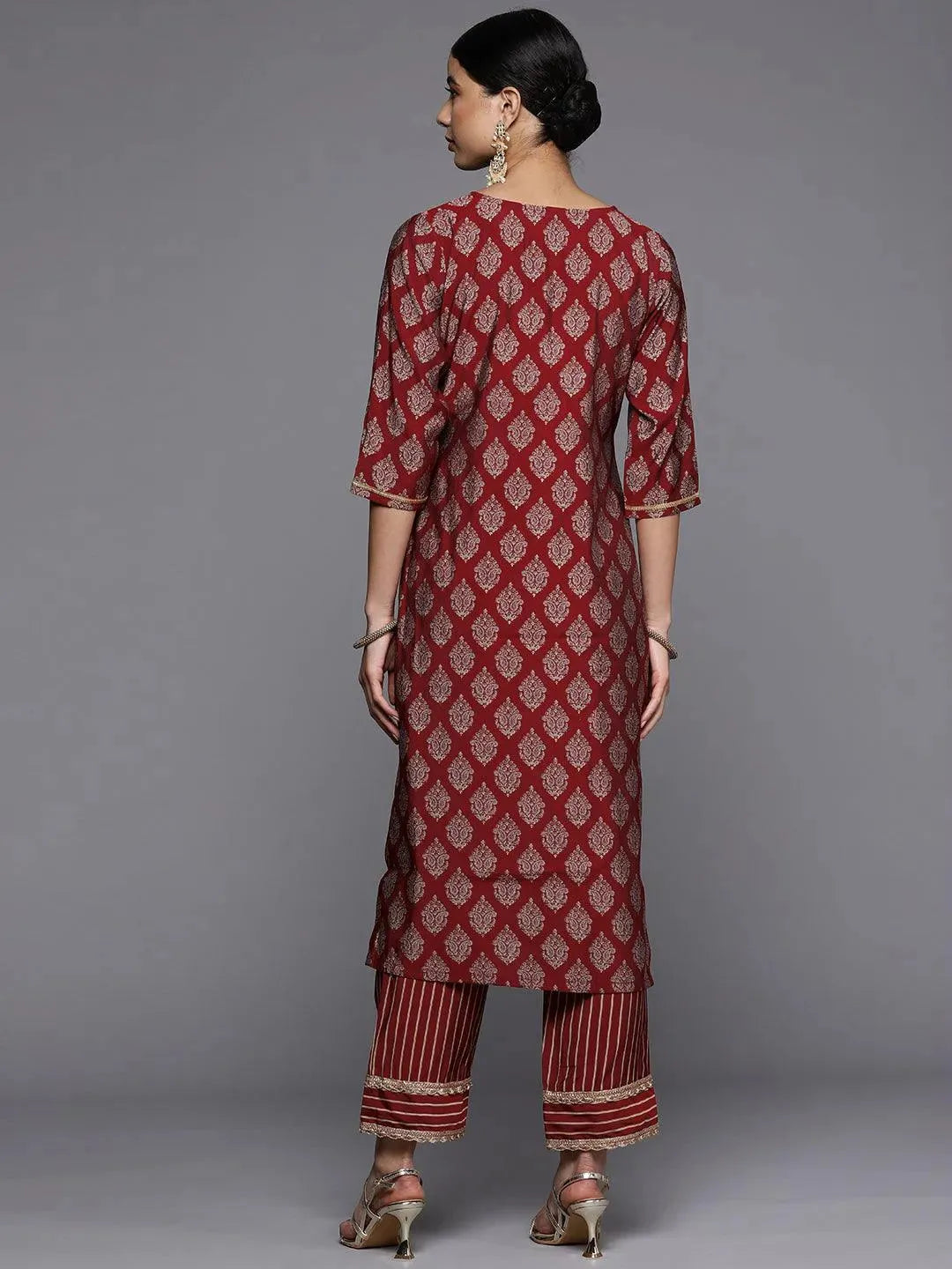 Red Printed Silk Straight Kurta - Libas 