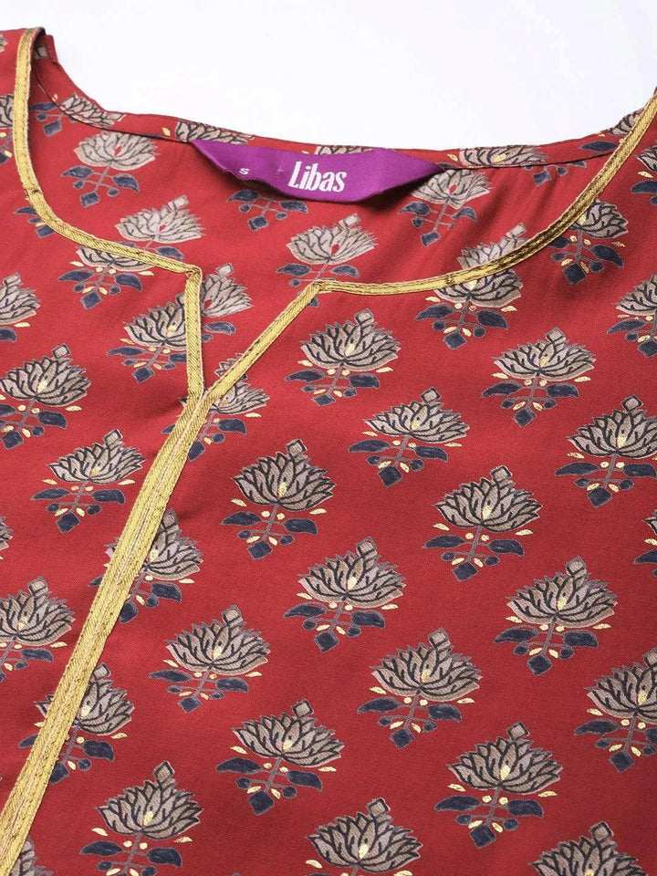 Red Printed Silk Straight Kurta - Libas