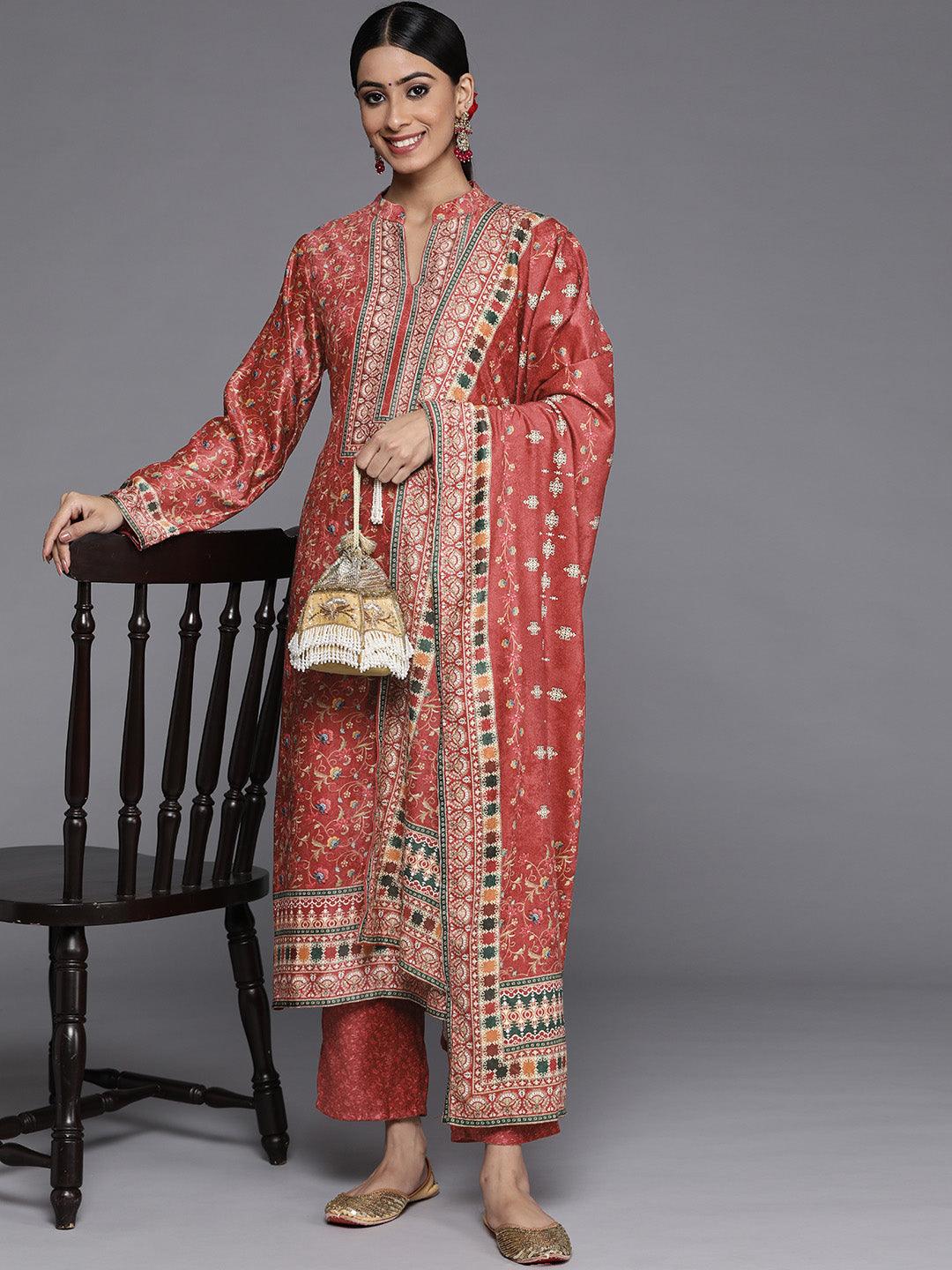 Red Printed Velvet Straight Suit Set With Trousers - Libas