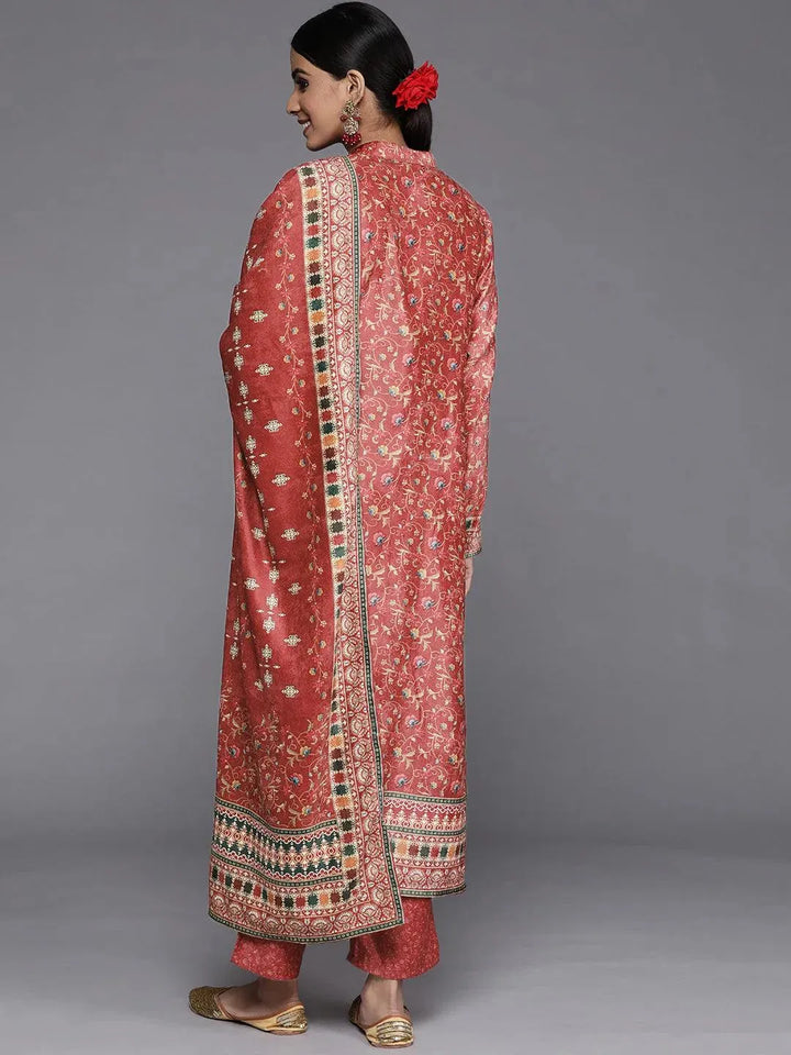 Red Printed Velvet Straight Suit Set With Trousers - Libas