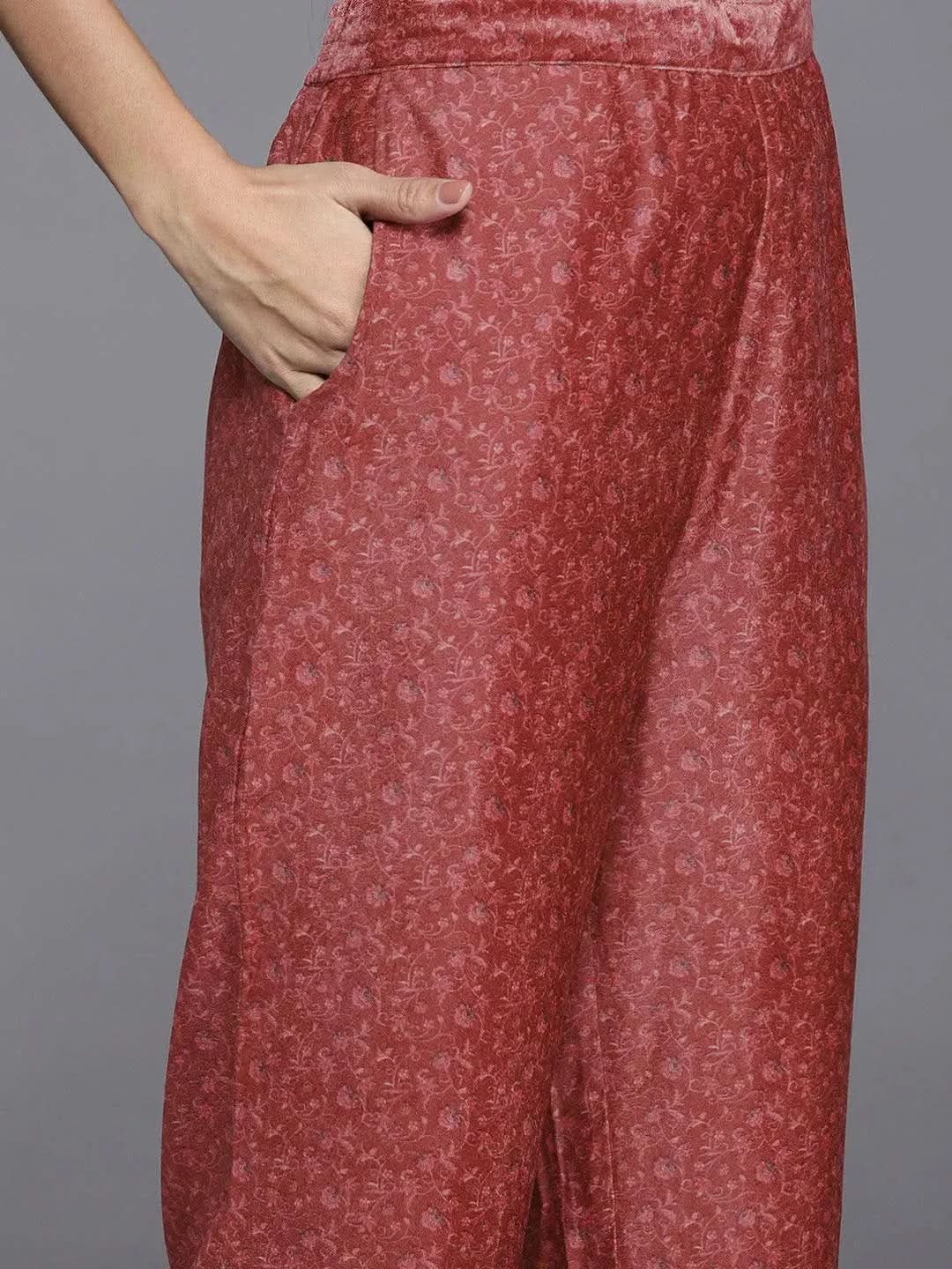 

Red Printed Velvet Straight Kurta With Dupatta