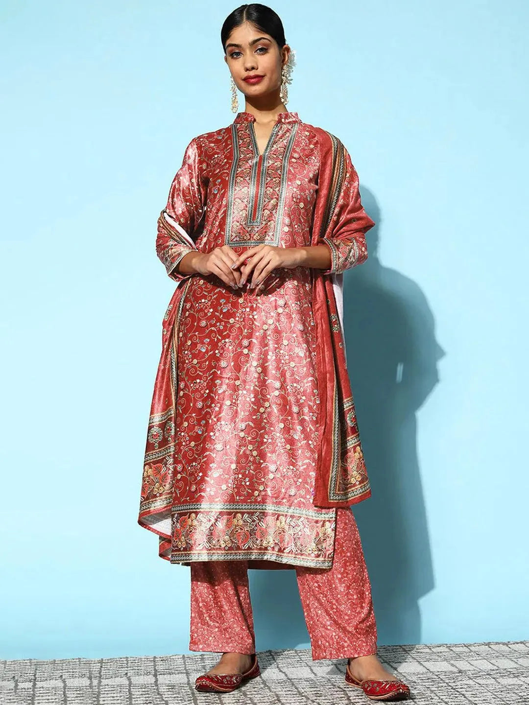 Red Printed Velvet Straight Kurta With Palazzos & Dupatta