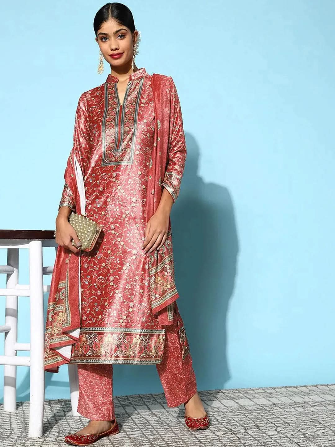 

Red Printed Velvet Straight Kurta With Palazzos & Dupatta