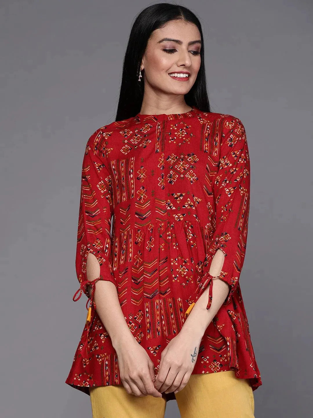 Red Printed Viscose Rayon Kurti - Libas