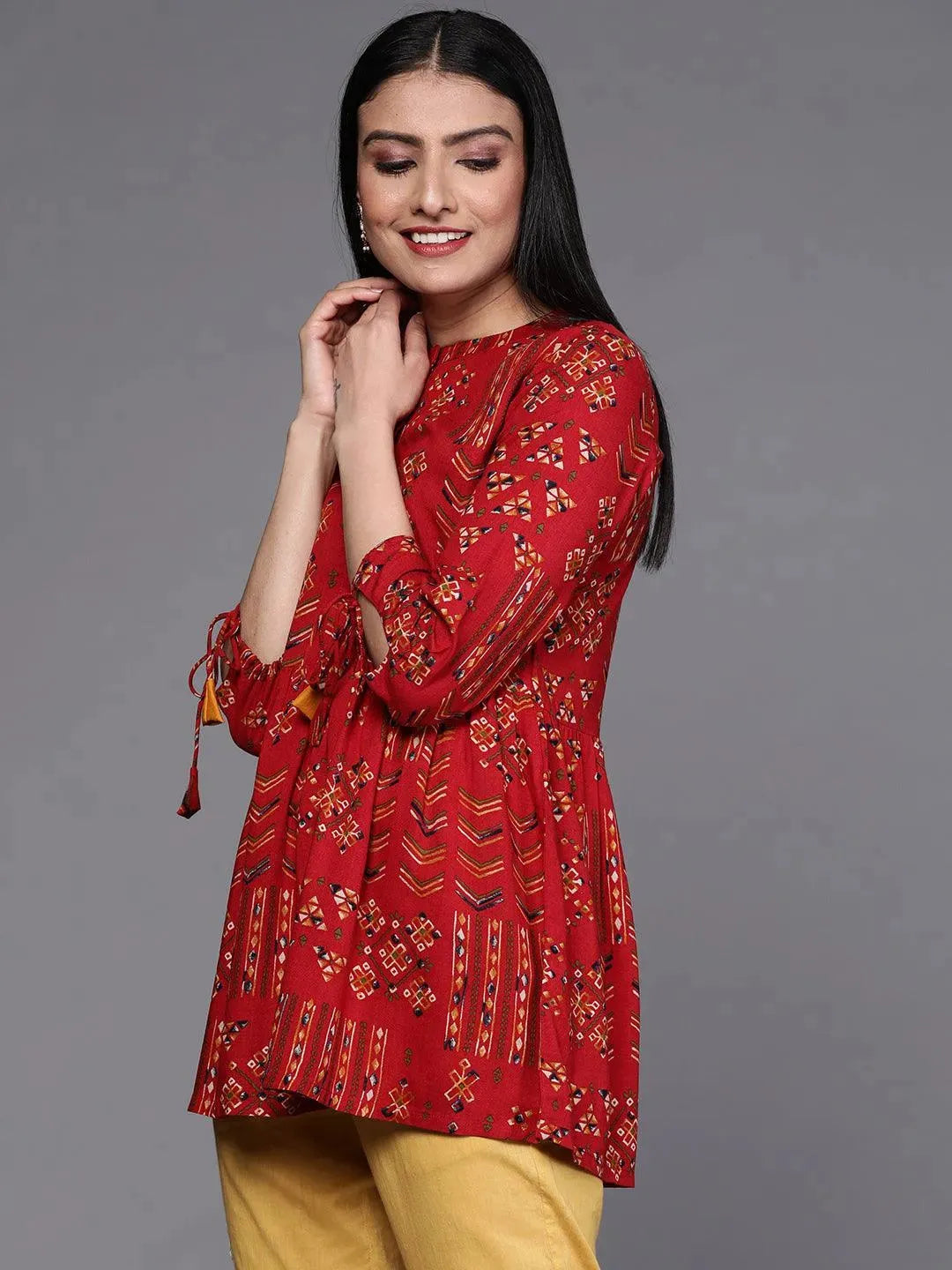 Red Printed Viscose Rayon Kurti - Libas