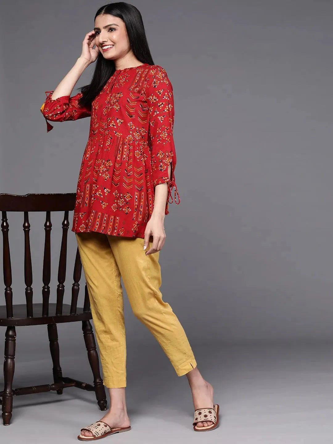 Red Printed Viscose Rayon Kurti - Libas