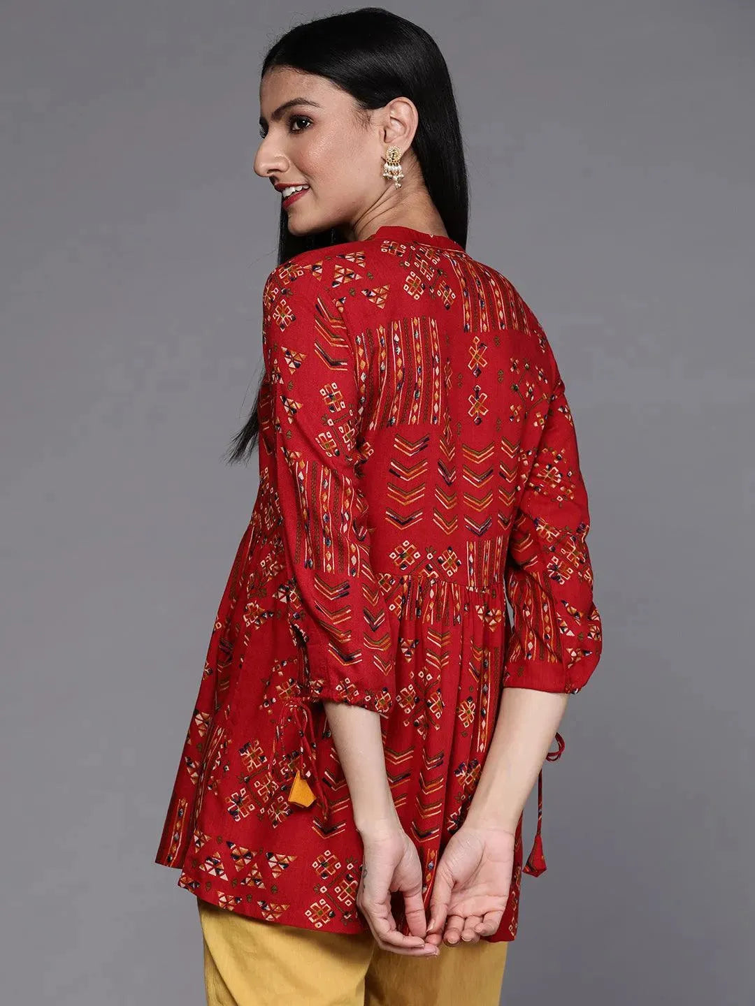 Red Printed Viscose Rayon Kurti - Libas