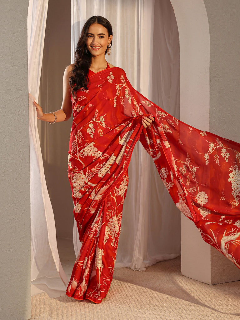 Libas Red Quirky Printed Georgette Saree With Unstitched Blouse Piece