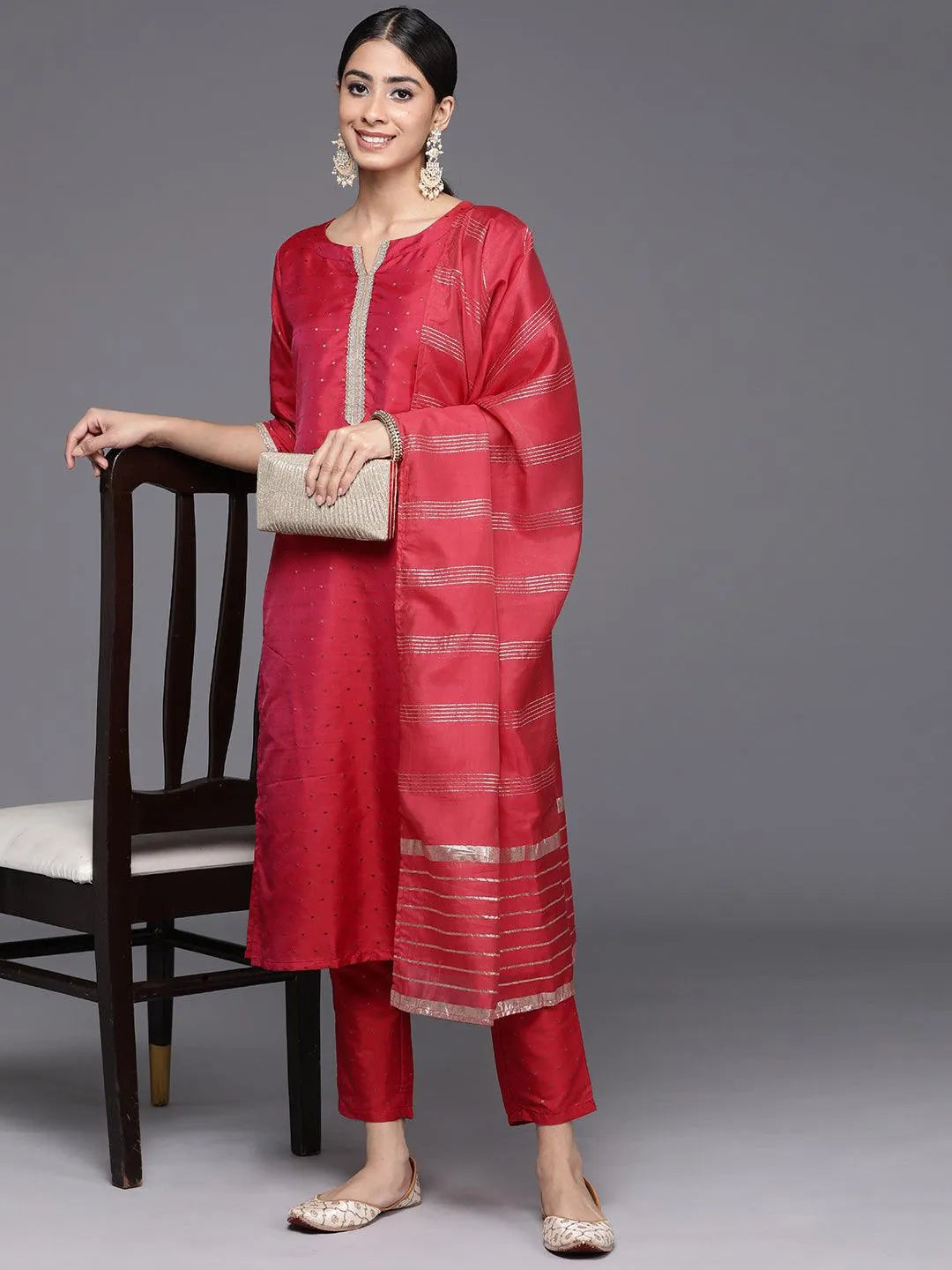 Red Self Design Art Silk Straight Kurta With Trousers & Dupatta - Libas 