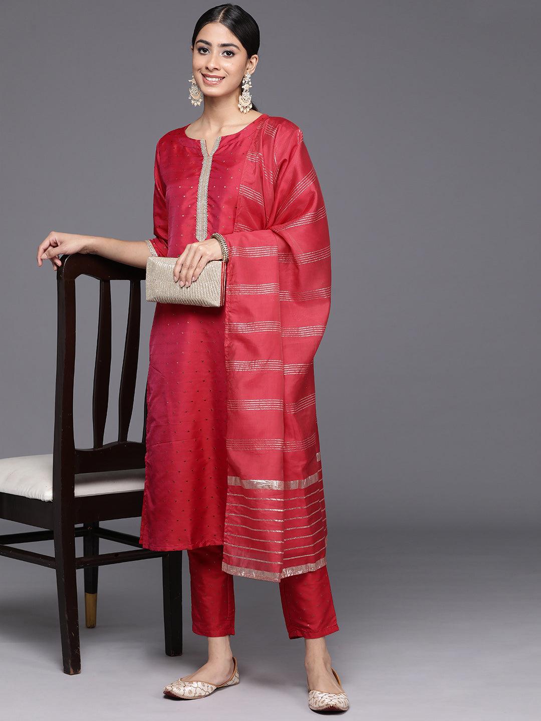 Red Self Design Art Silk Straight Kurta With Trousers & Dupatta - Libas