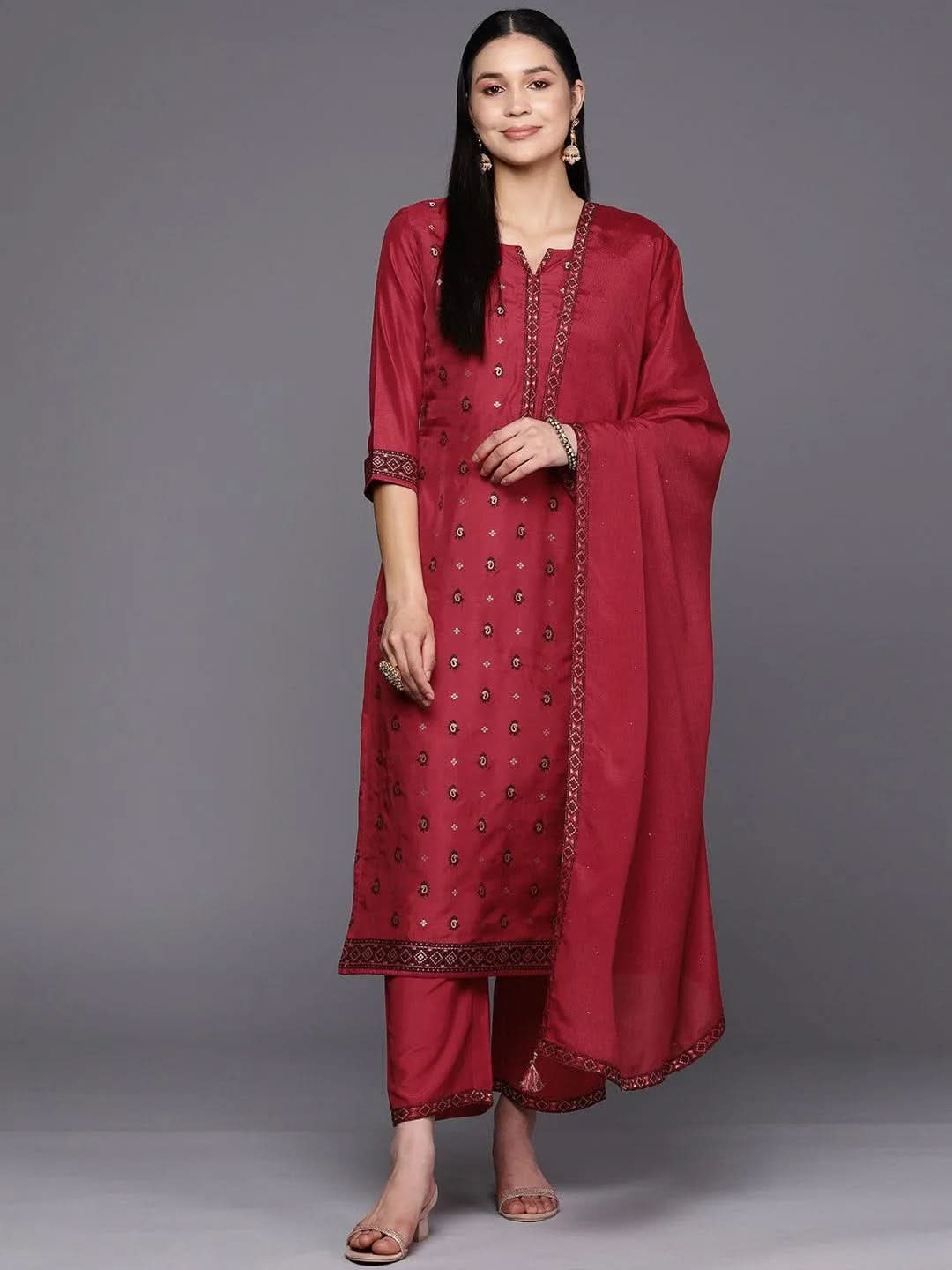 

Red Self Design Silk Blend Straight Kurta With Trousers & Dupatta