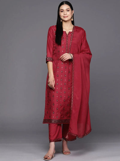 Janasya Indian Women's Red Poly Silk Kurta Suit Set - Ethnic Khazana