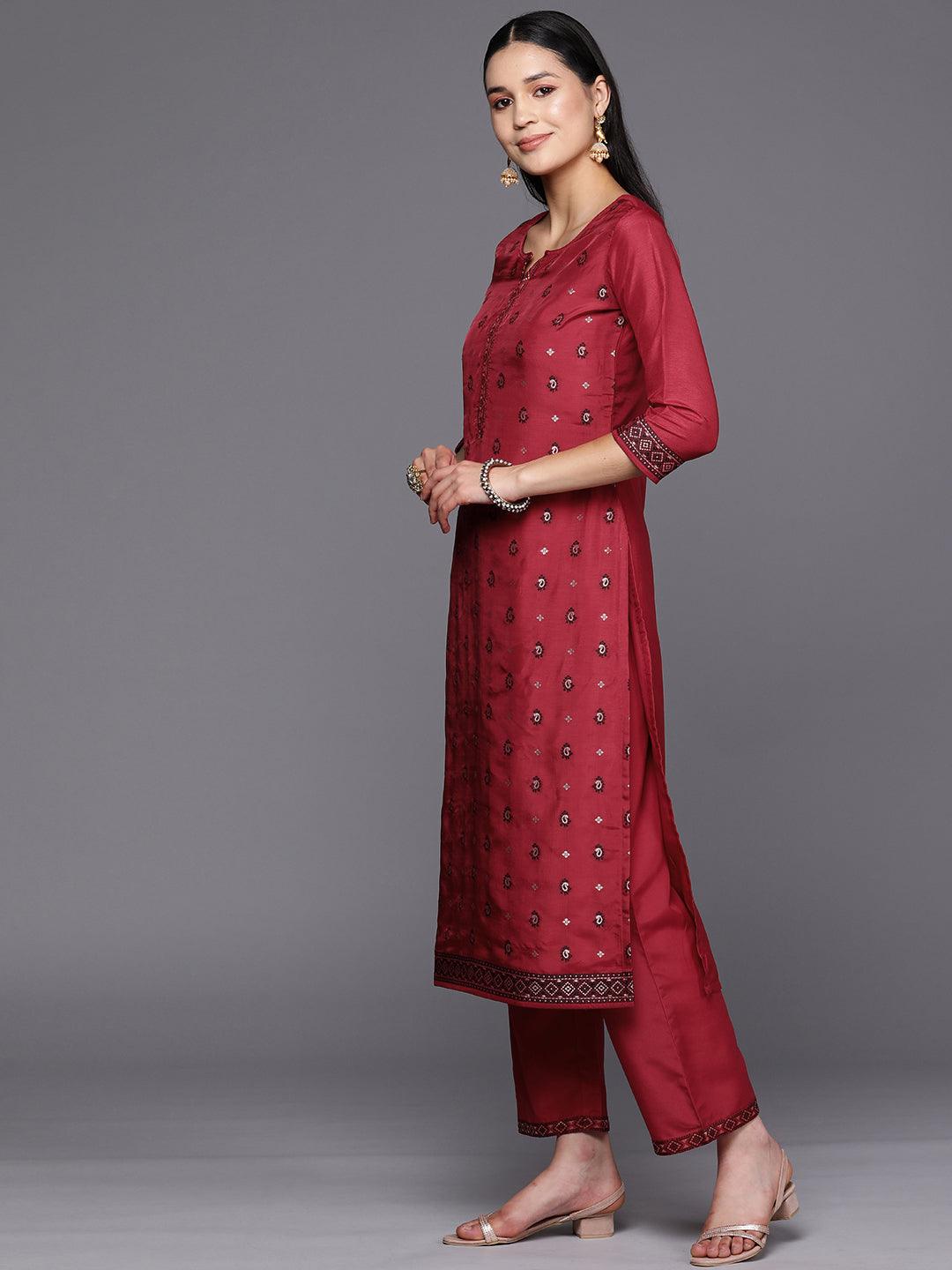Red Self Design Silk Blend Straight Suit Set With Trousers - Libas