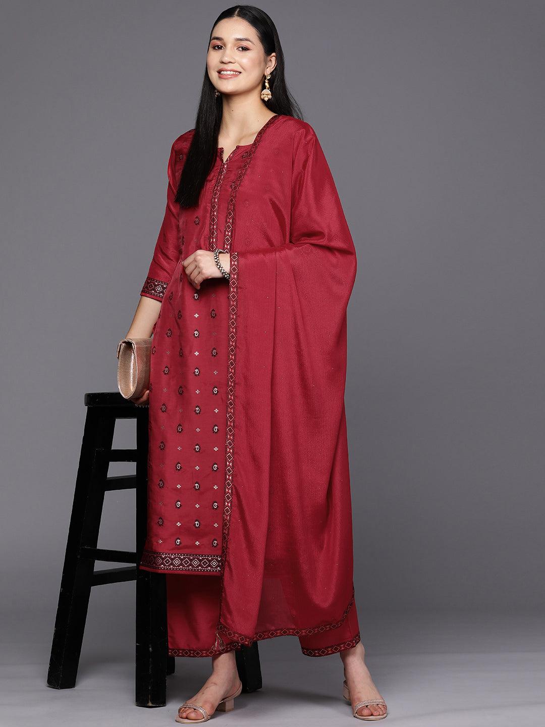 Red Self Design Silk Blend Straight Suit Set With Trousers - Libas
