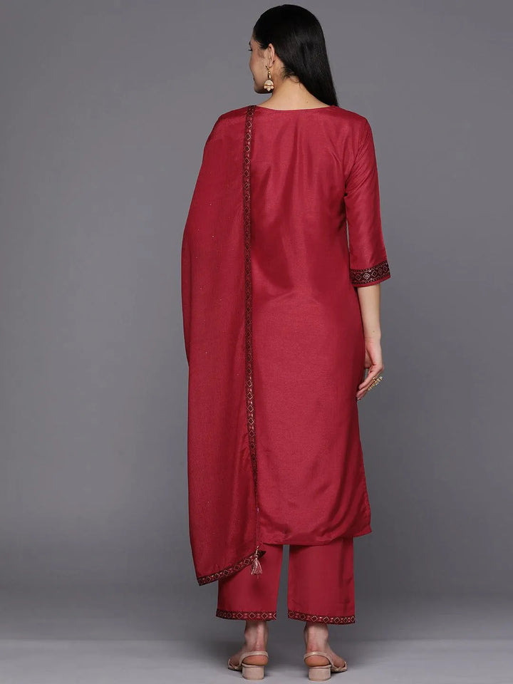 Red Self Design Silk Blend Straight Suit Set With Trousers - Libas