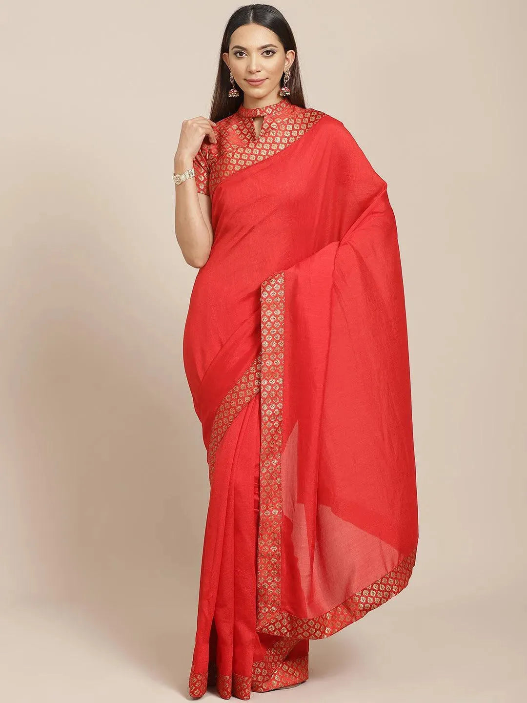 Red Solid Chiffon Saree - Libas