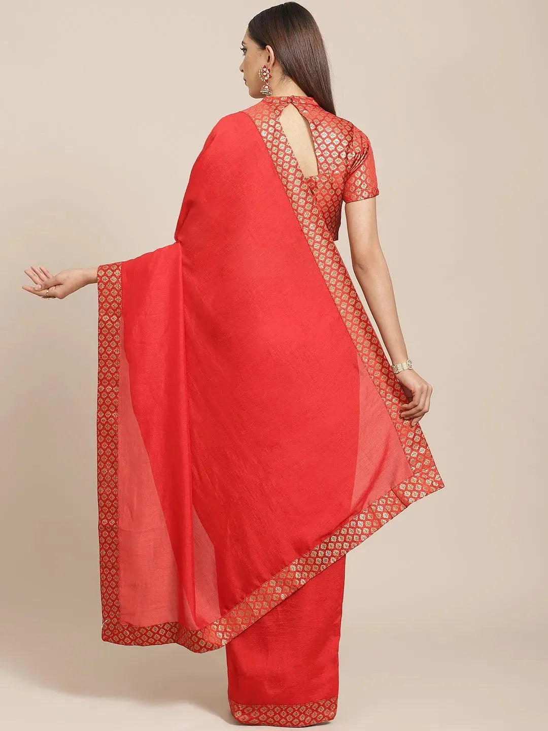 Red Solid Chiffon Saree - Libas 