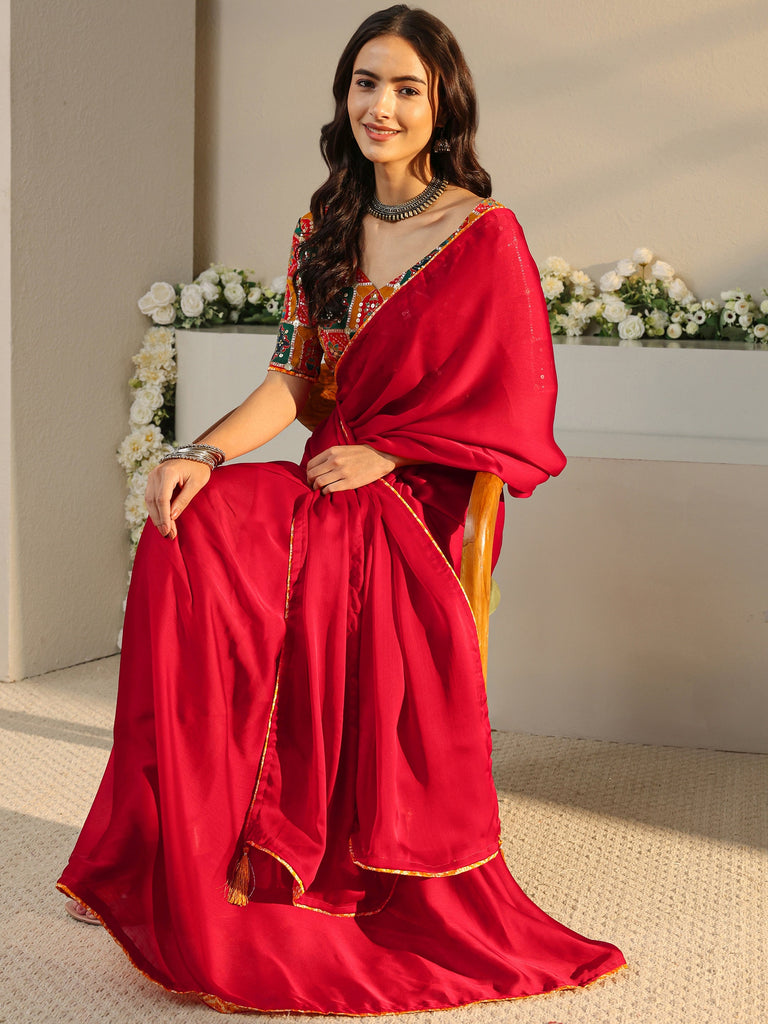 Libas Red Solid Chiffon Saree With Unstitched Blouse Piece