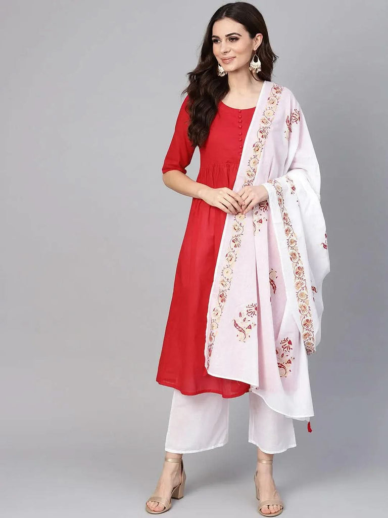 Libas Red Solid Cotton A-Line Kurta With Palazzos & Dupatta