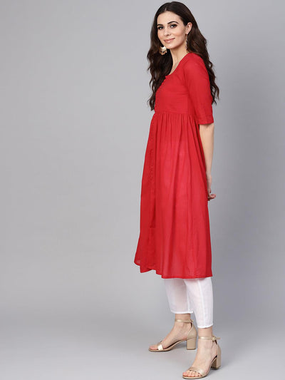 Red Solid Cotton Suit Set - Libas