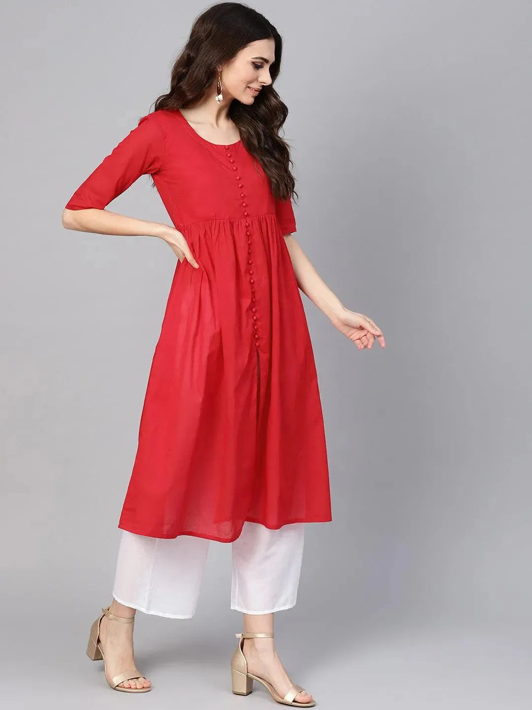 Red Solid Cotton Suit Set - Libas 