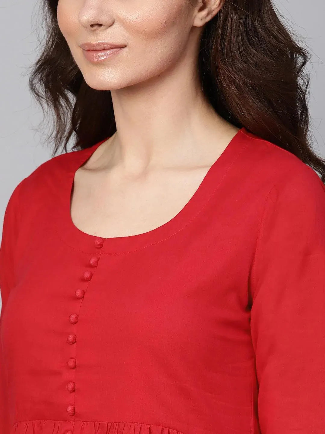 Red Solid Cotton Suit Set - Libas 