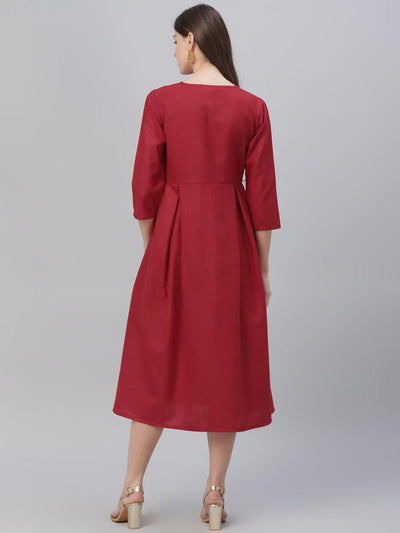 Red Solid Cotton Dress - Libas