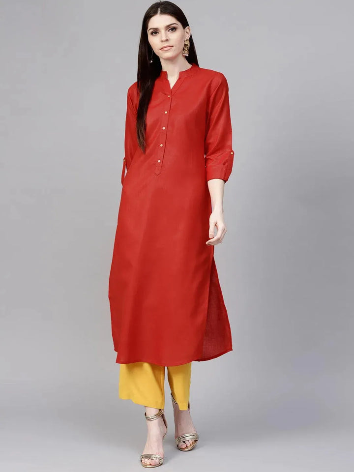 Red Solid Cotton Kurta - Libas