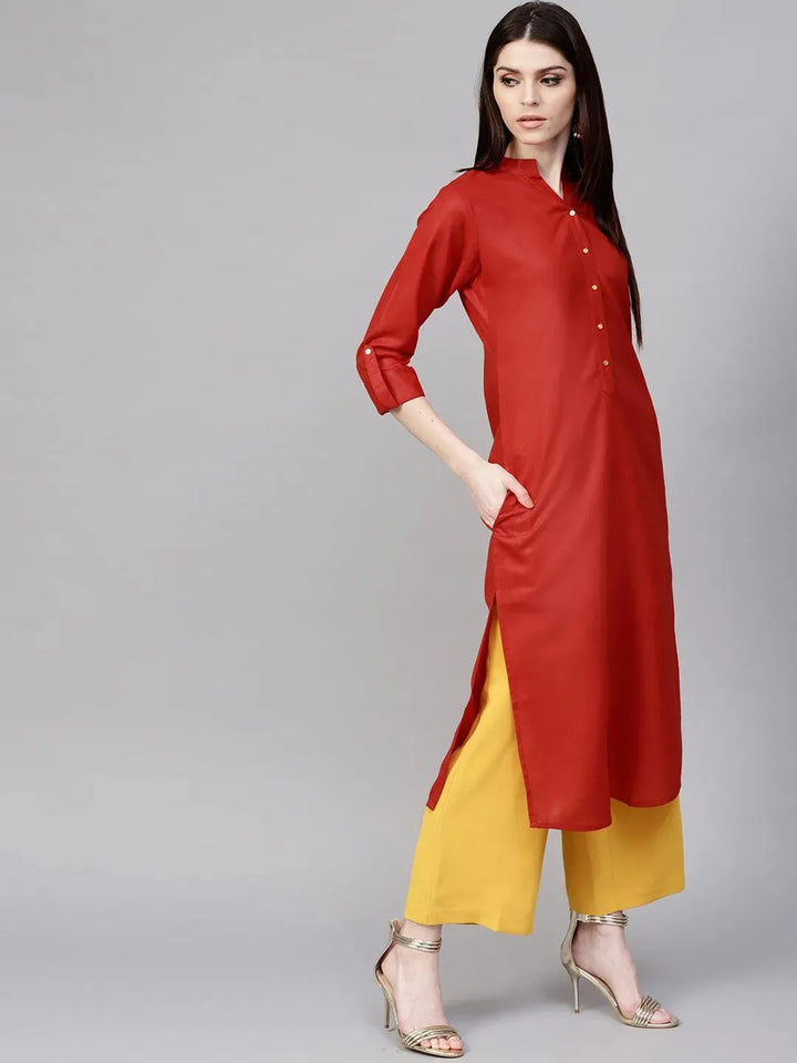 Red Solid Cotton Kurta - Libas