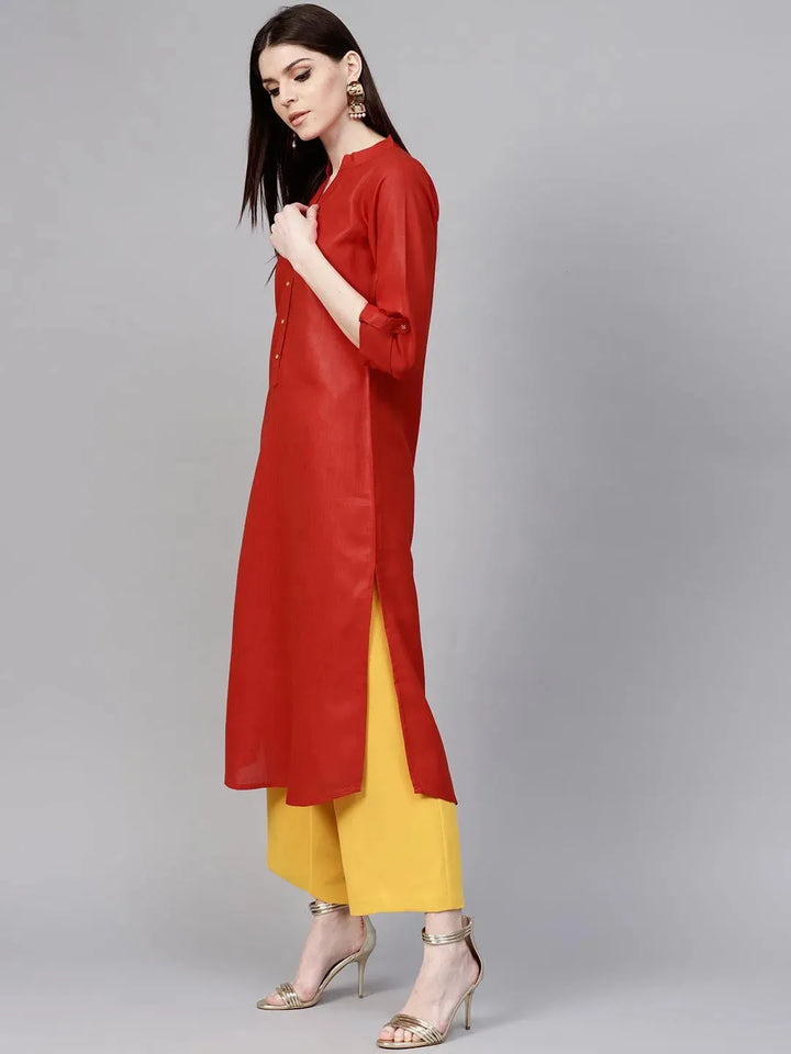Red Solid Cotton Kurta - Libas