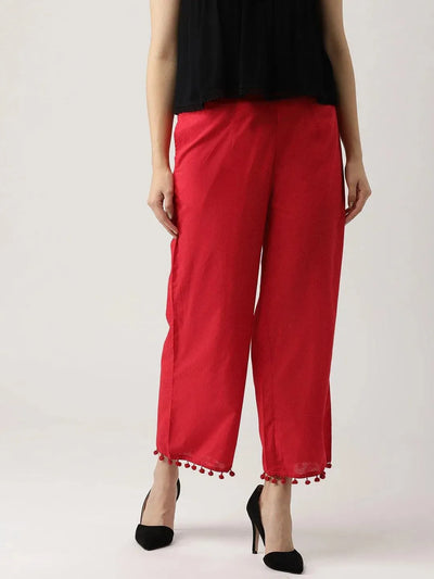 Red Solid Cotton Palazzos - Libas