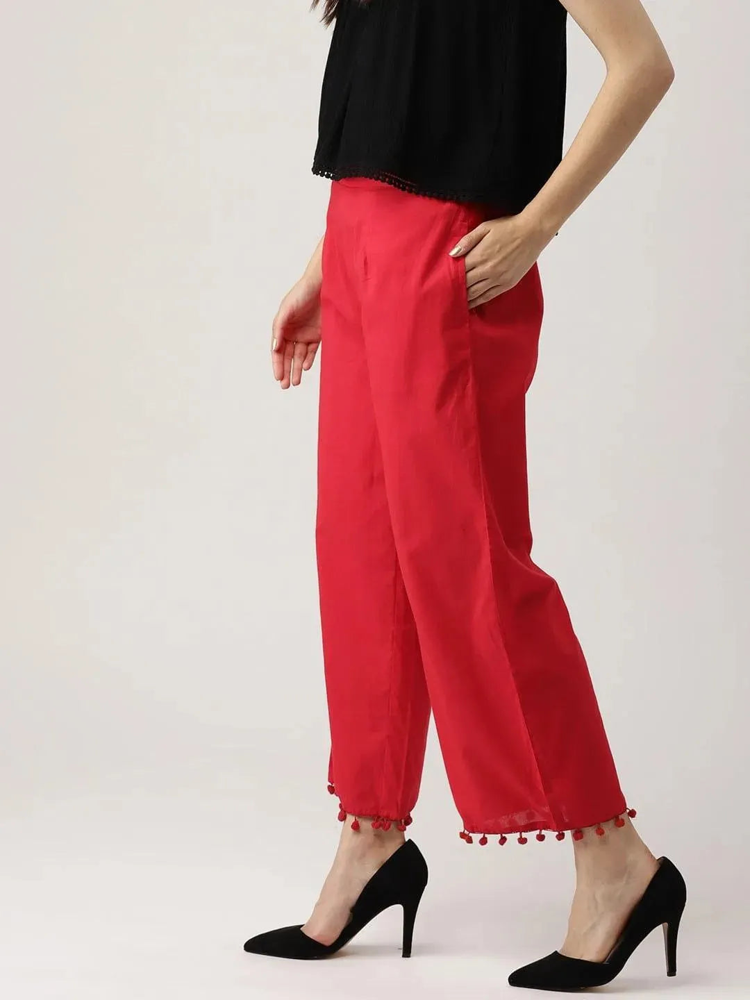 Red Solid Cotton Palazzos - Libas