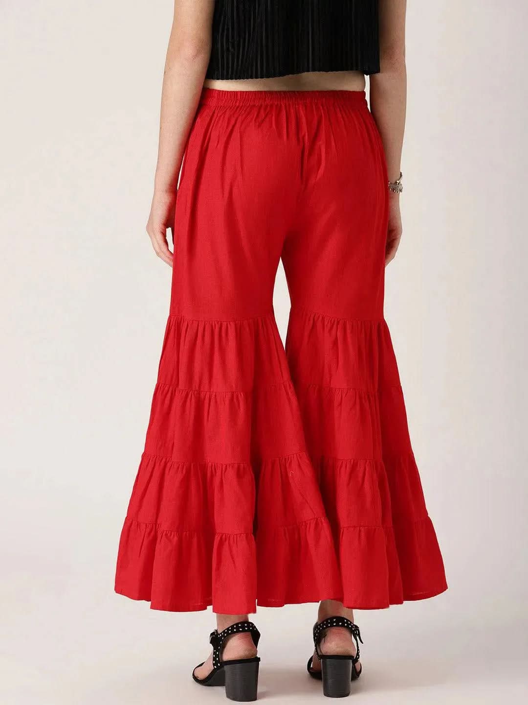 Red Solid Cotton Palazzos - Libas 