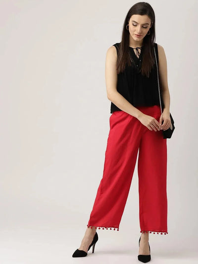 Red Solid Cotton Palazzos - Libas