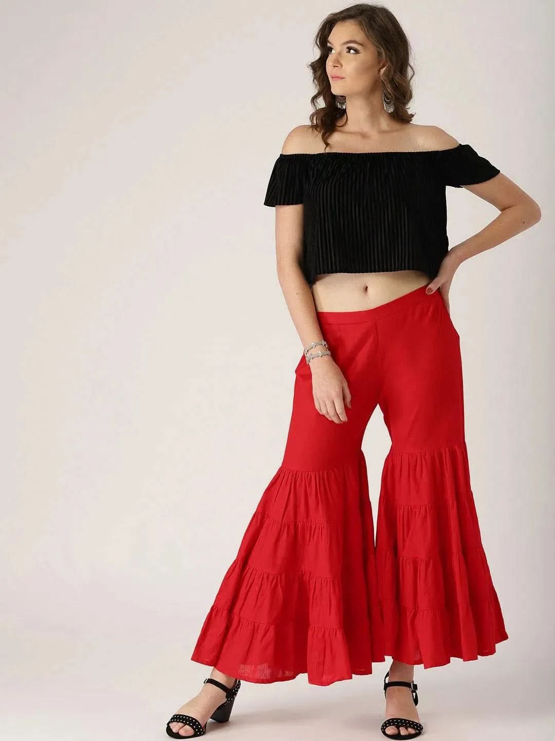 Red Solid Cotton Palazzos - Libas 