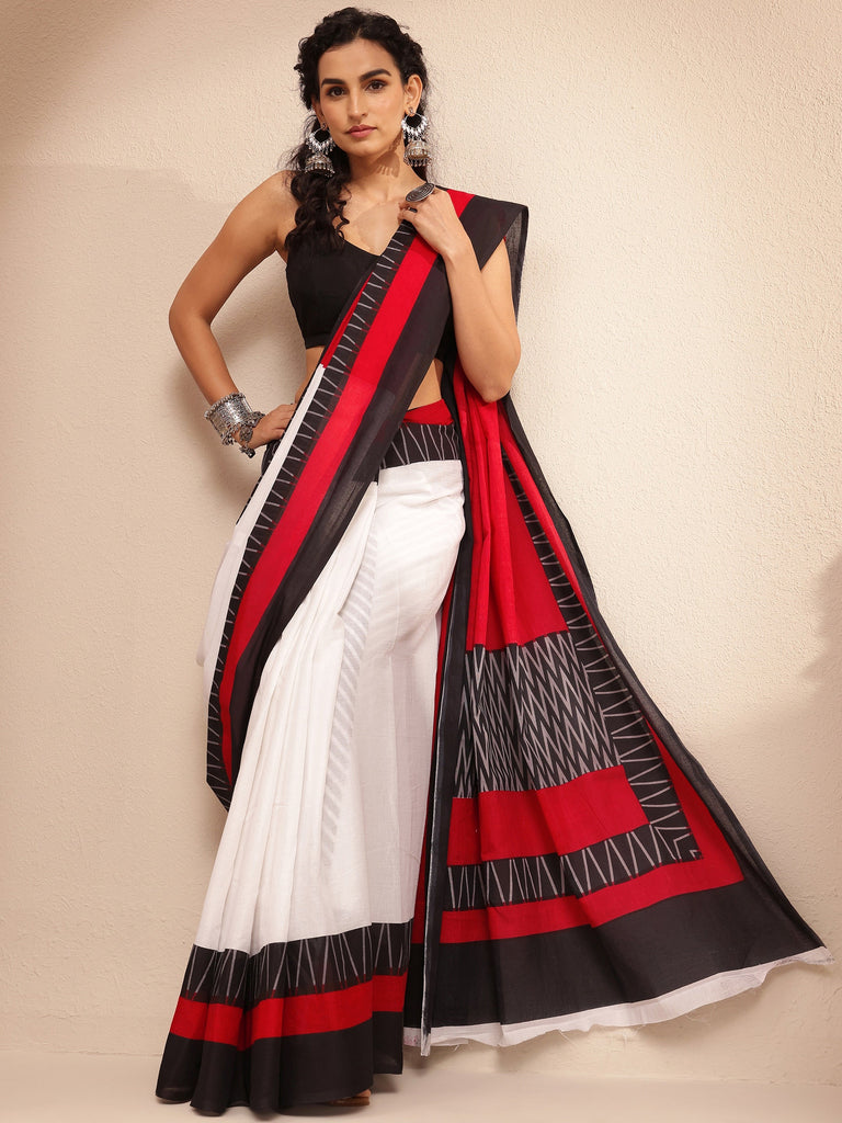 Libas Red Solid Cotton Saree With Unstitched Blouse Piece