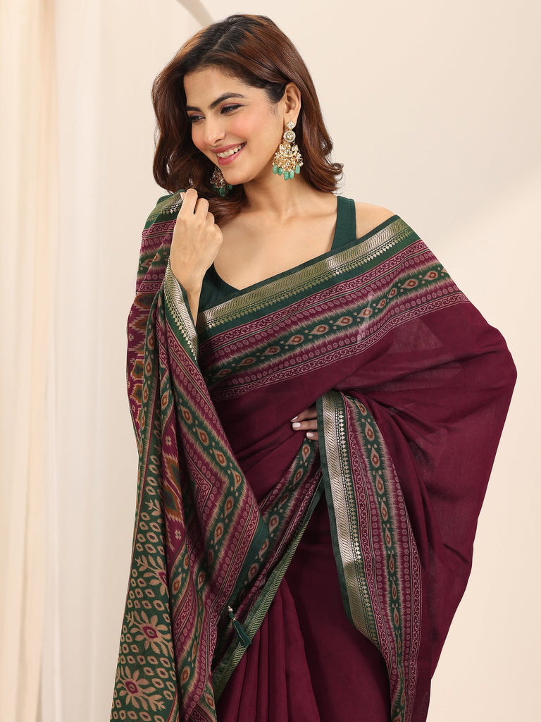 Libas Red Solid Cotton Silk Saree With Unstitched Blouse Piece