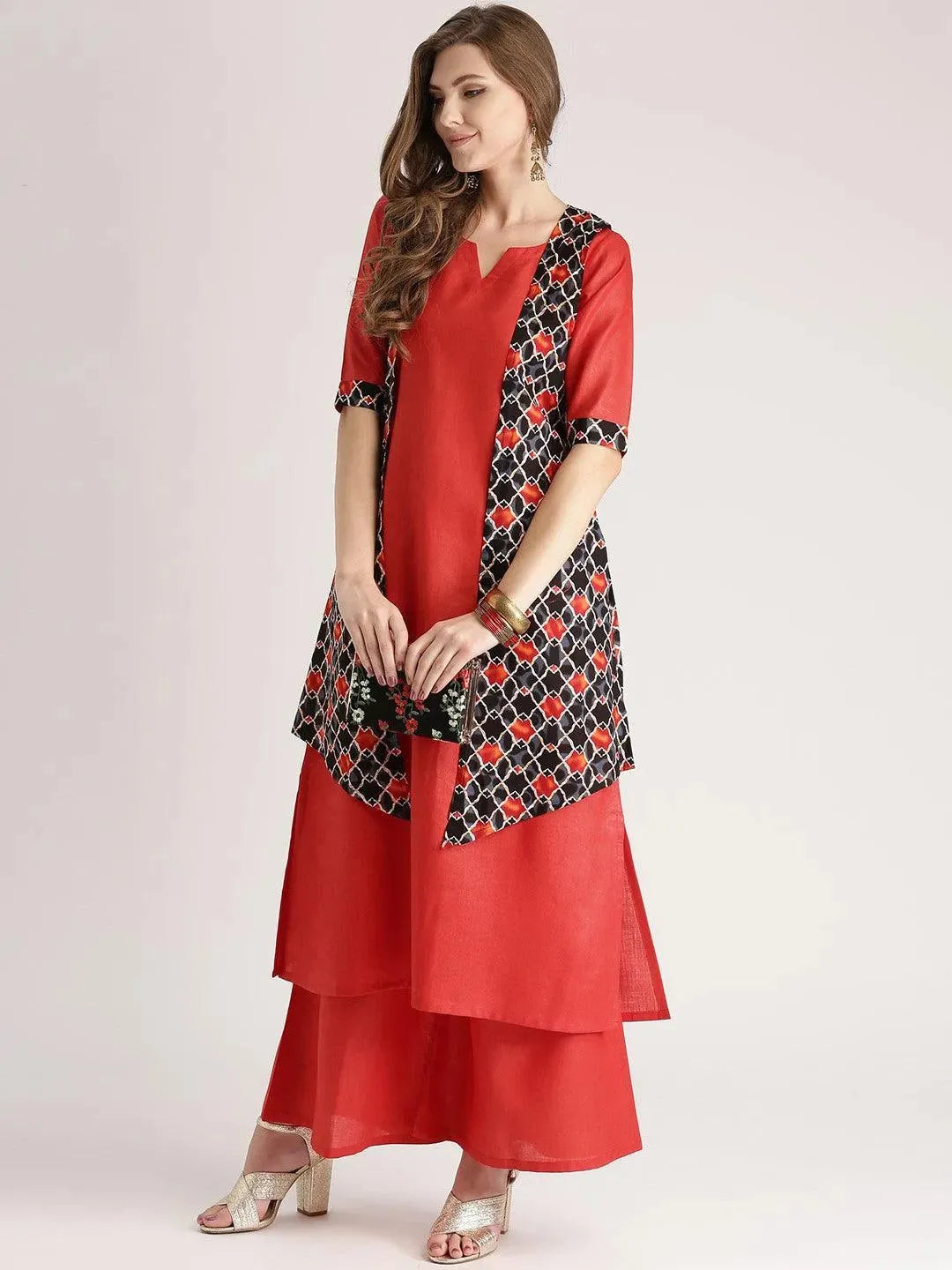 Red Solid Cotton Kurta Set - Libas