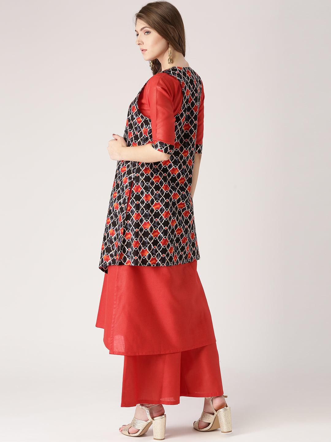 Red Solid Cotton Straight Kurta With Palazzos & Jacket
