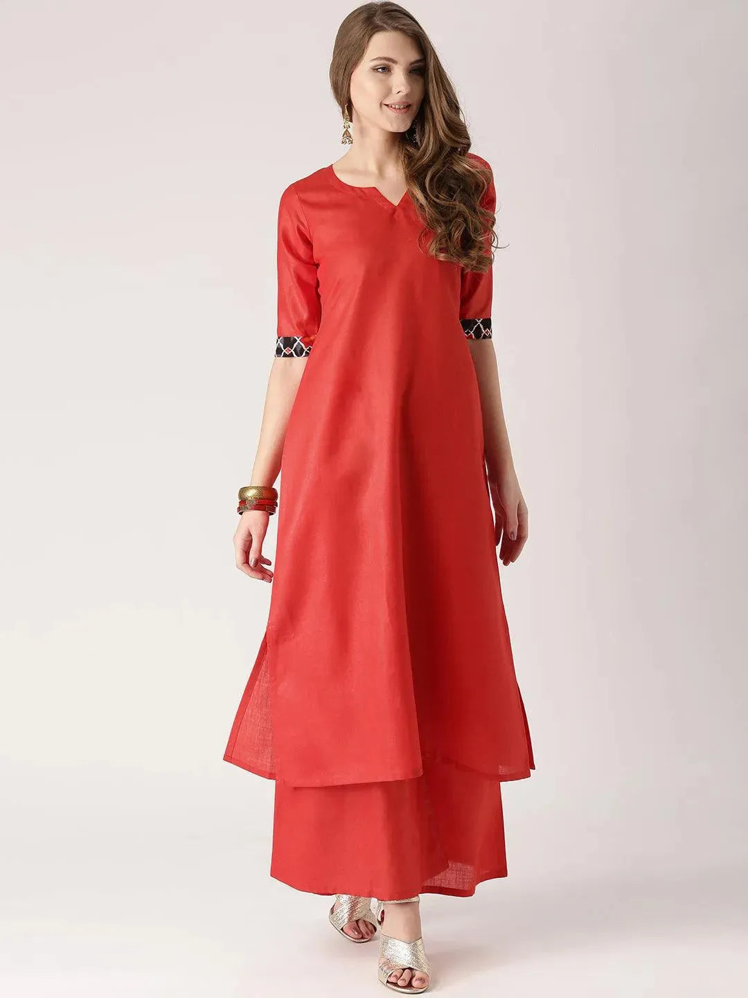 Red Solid Cotton Kurta Set - Libas