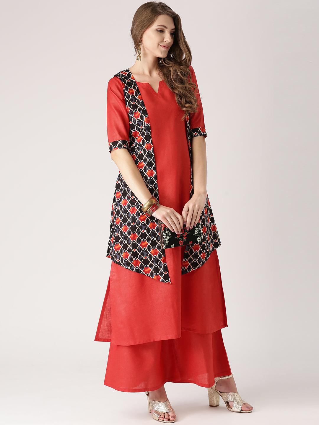 Red Solid Cotton Straight Kurta With Palazzos & Jacket